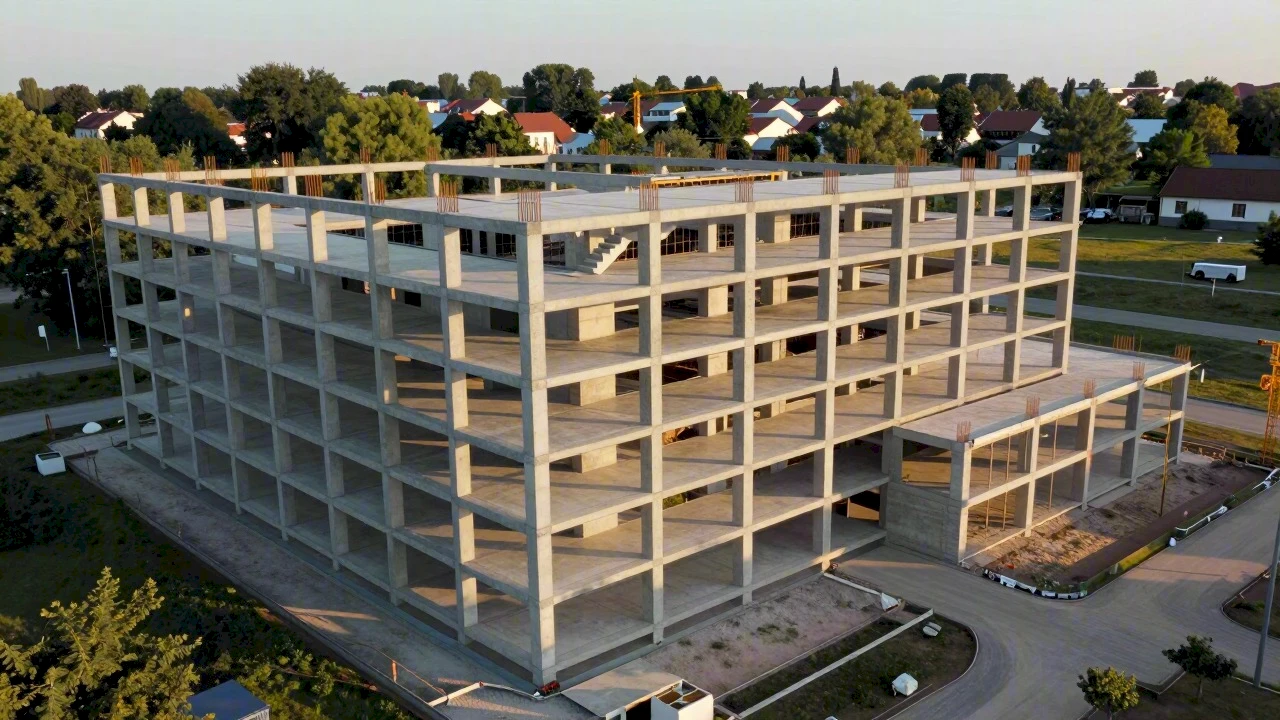 Rohbau eines sechsgeschossigen Gebäudes im Abendlicht