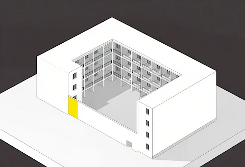 Axonometrie des Architekturmodells mit hervorgehobenen Bauteilen