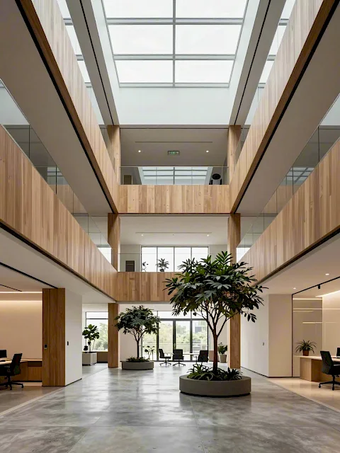 Atrium mit Holzgalerien und Oberlicht